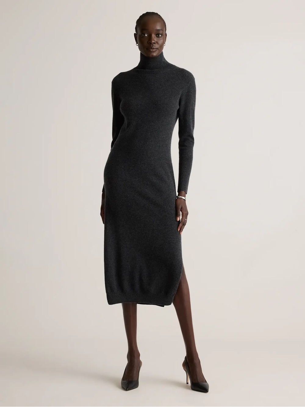 Quince Charcoal Mongolian 100% Cashmere Turtleneck Midi Sweater Dress Size XS